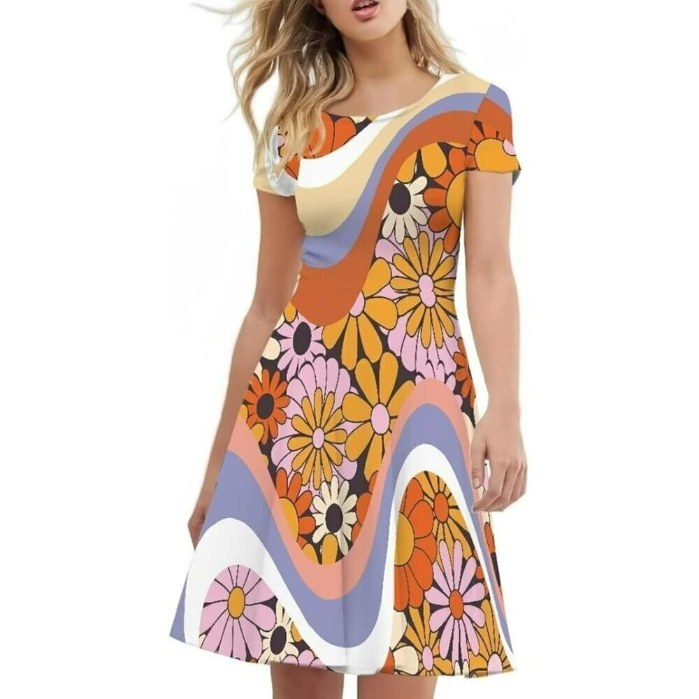Flower Swirl Flared Dress Short Sleeve Size S